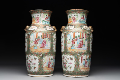 Two Chinese Canton famille rose vases mounted as lamps, a pair of vases and a bronze-mounted bowl, 19th C.