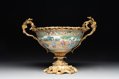 Two Chinese Canton famille rose vases mounted as lamps, a pair of vases and a bronze-mounted bowl, 19th C.