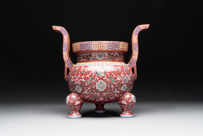 A Chinese famille rose 'bajixiang and lotus scroll' censer, Qianlong mark, 20th C.