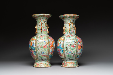 A pair of Chinese Canton famille rose celadon-ground 'court scene' vases, 19th C.