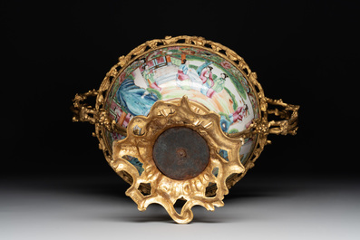 Two Chinese Canton famille rose vases mounted as lamps, a pair of vases and a bronze-mounted bowl, 19th C.