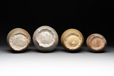 A collection of 8 German proto stoneware ribbed jugs, including 'Jacobakans', 14th C.