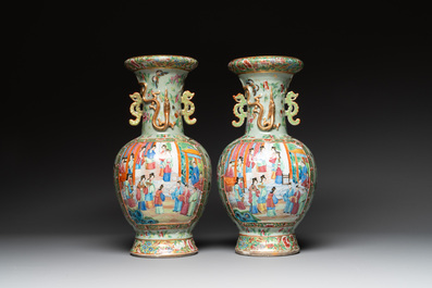A pair of Chinese Canton famille rose celadon-ground 'court scene' vases, 19th C.