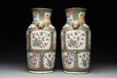 Two Chinese Canton famille rose vases mounted as lamps, a pair of vases and a bronze-mounted bowl, 19th C.