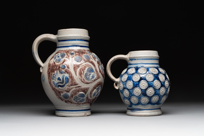 Two globular Westerwald stoneware jugs, Germany, 17/18th C.