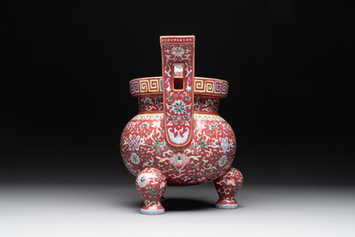 A Chinese famille rose 'bajixiang and lotus scroll' censer, Qianlong mark, 20th C.