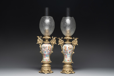 Two Chinese Canton famille rose vases mounted as lamps, a pair of vases and a bronze-mounted bowl, 19th C.
