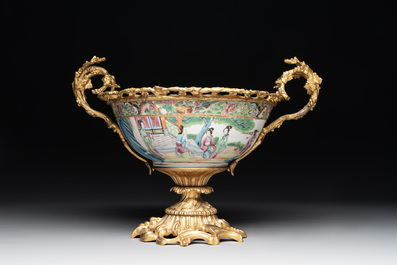 Two Chinese Canton famille rose vases mounted as lamps, a pair of vases and a bronze-mounted bowl, 19th C.