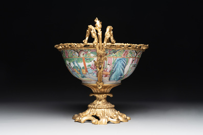 Two Chinese Canton famille rose vases mounted as lamps, a pair of vases and a bronze-mounted bowl, 19th C.