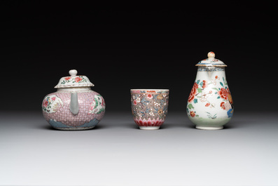 A Chinese famille rose dish, a teapot, a milk jug and a cup, Yongzheng/Qianlong