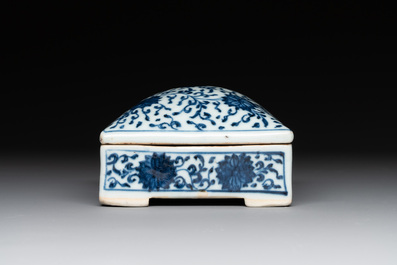 A Chinese blue and white square 'lotus scroll' box and cover, Qianlong