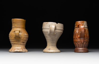 14 German stoneware jugs, mugs and vessels, 14/16th C.