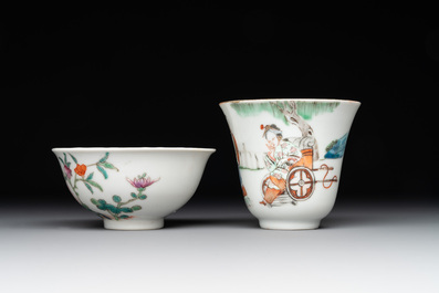 A Chinese famille rose bowl, a cup and a brush rest, Qianlong and Tongzhi mark, 19/20th C.