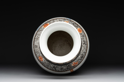 A Chinese famille rose vase with ladies on wooden stand, Qianlong mark, Republic