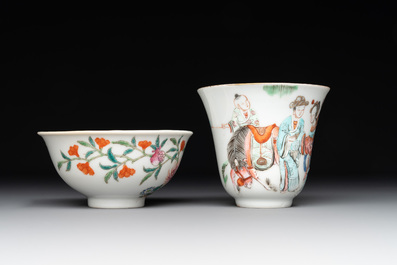 A Chinese famille rose bowl, a cup and a brush rest, Qianlong and Tongzhi mark, 19/20th C.