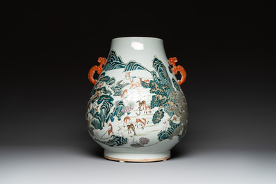 A large Chinese famille rose '100 deer' 'hu' vase, Qianlong mark, 19th C.
