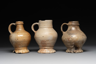 Five German stoneware jugs, 16/17th C.