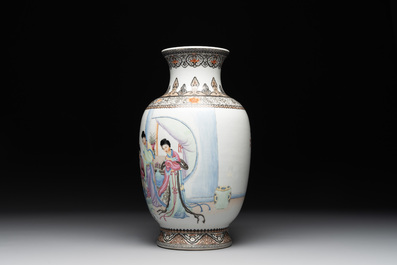 A Chinese famille rose vase with ladies on wooden stand, Qianlong mark, Republic