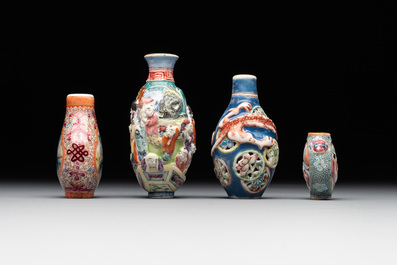 Four Chinese famille rose snuff bottles, Qianlong and Daoguang mark, 19/20th C.