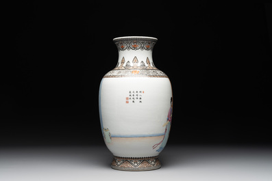 A Chinese famille rose vase with ladies on wooden stand, Qianlong mark, Republic