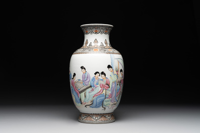 A Chinese famille rose vase with ladies on wooden stand, Qianlong mark, Republic
