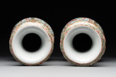 A pair of Chinese Canton famille rose vases with narrative design, 19th C.