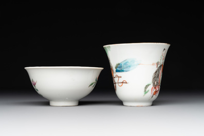 A Chinese famille rose bowl, a cup and a brush rest, Qianlong and Tongzhi mark, 19/20th C.