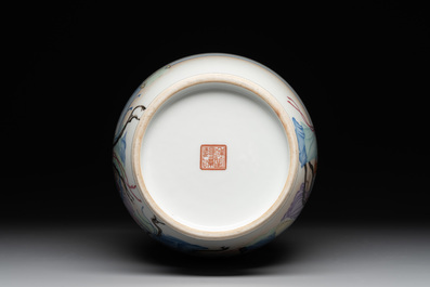 A Chinese famille rose vase with ladies on wooden stand, Qianlong mark, Republic