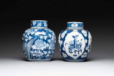 Two Chinese blue and white 'peonies' and 'peonies and antiquities' jars and covers, 19th C.