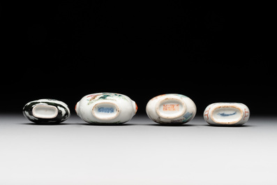 Four Chinese famille rose and verte snuff bottles, Qianlong and Tongzhi mark, 19th C.