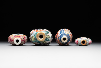 Four Chinese famille rose snuff bottles, Qianlong and Daoguang mark, 19/20th C.