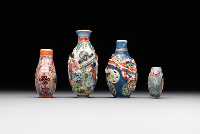 Four Chinese famille rose snuff bottles, Qianlong and Daoguang mark, 19/20th C.