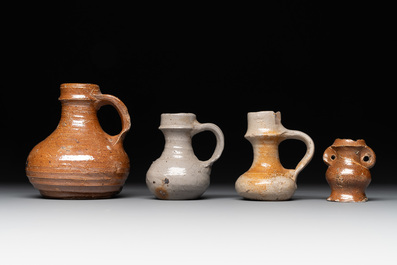 14 German stoneware jugs, mugs and vessels, 14/16th C.