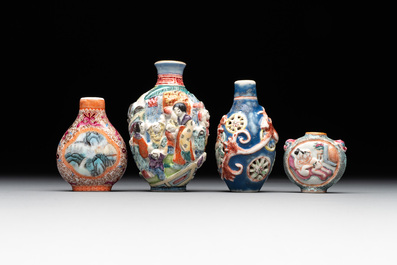Four Chinese famille rose snuff bottles, Qianlong and Daoguang mark, 19/20th C.