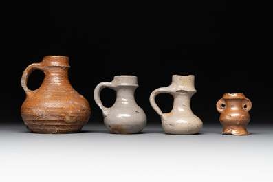 14 German stoneware jugs, mugs and vessels, 14/16th C.