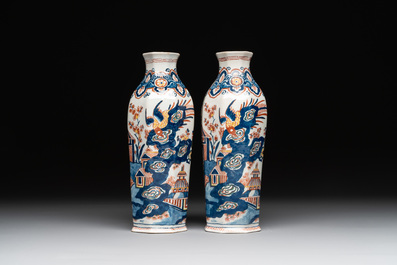 A pair of polychrome Dutch Delft octagonal chinoiserie vases, 18th C.