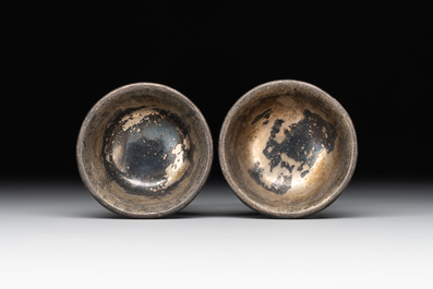 A pair of Chinese silver-lined tixi lacquer cups, Ming