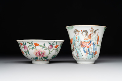 A Chinese famille rose bowl, a cup and a brush rest, Qianlong and Tongzhi mark, 19/20th C.