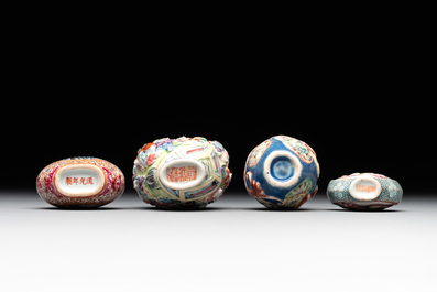 Four Chinese famille rose snuff bottles, Qianlong and Daoguang mark, 19/20th C.