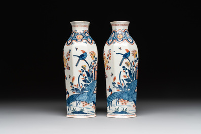 A pair of polychrome Dutch Delft octagonal chinoiserie vases, 18th C.