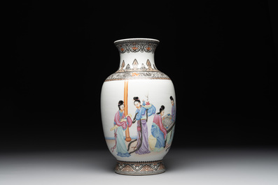 A Chinese famille rose vase with ladies on wooden stand, Qianlong mark, Republic