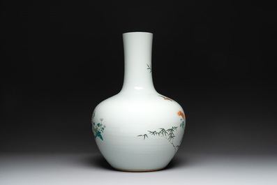 A large Chinese famille rose 'quails and chrysanthemum' 'tianqiu ping' vase, Qianlong mark, 19th C.
