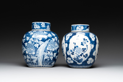 Two Chinese blue and white 'peonies' and 'peonies and antiquities' jars and covers, 19th C.