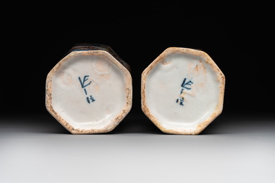 A pair of polychrome Dutch Delft octagonal chinoiserie vases, 18th C.