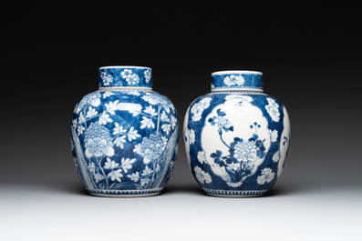 Two Chinese blue and white 'peonies' and 'peonies and antiquities' jars and covers, 19th C.