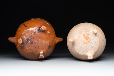 Nine pottery cooking vessels with partial glazing, Low Countries, 14/17th C.