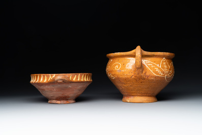 Five slipware vessels, The Netherlands, 17th C.