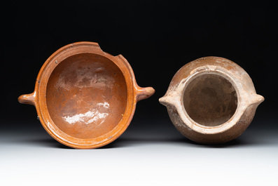 Nine pottery cooking vessels with partial glazing, Low Countries, 14/17th C.