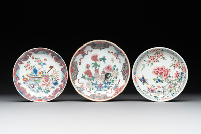 A varied collection of five Chinese famille rose cups and six saucers, Yongzheng/Qianlong