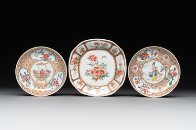 A varied collection of five Chinese famille rose cups and six saucers, Yongzheng/Qianlong